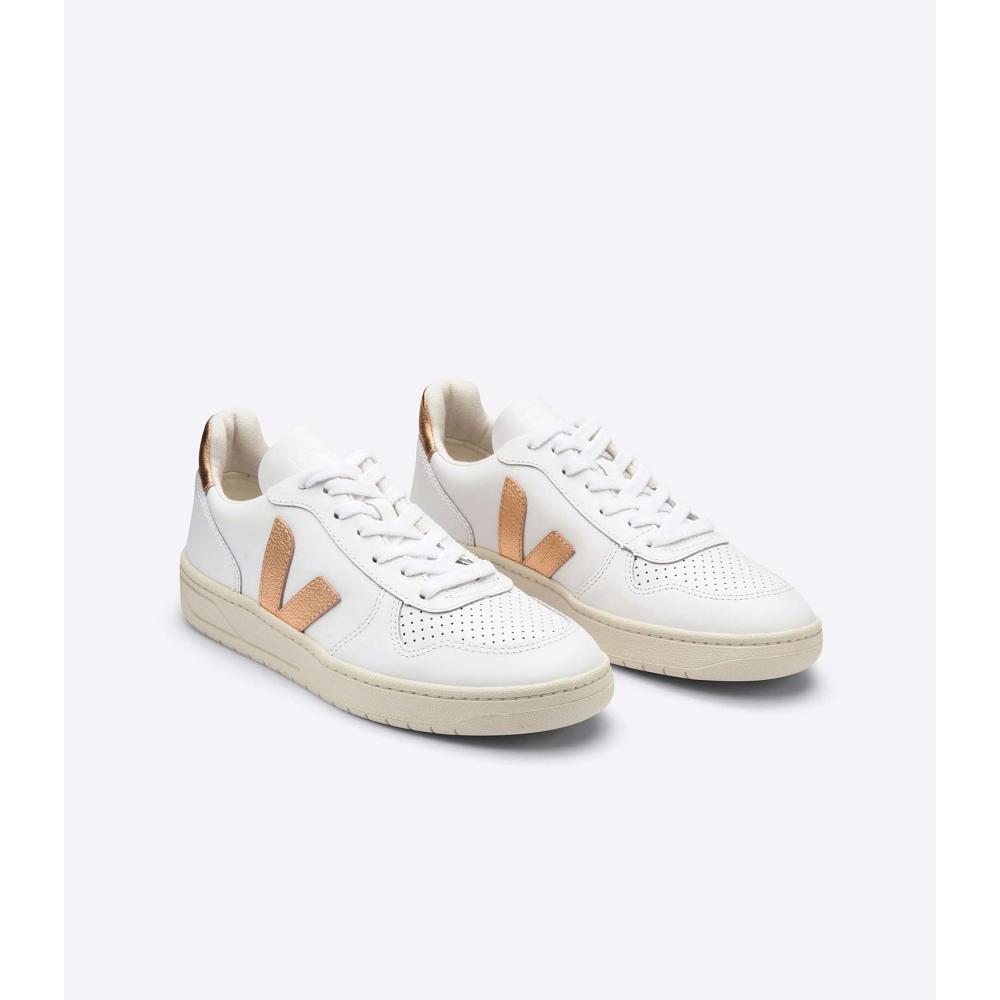 Veja V-10 LEATHER Tornacipő Női White/Gold | HU 641CTV